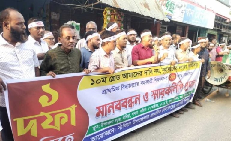 পাবনার সাঁথিয়া প্রাথমিক বিদ্যালয়ের শিক্ষকদের ১০ম গ্রেডের দাবীতে বিক্ষোভ ও মানববন্ধন
